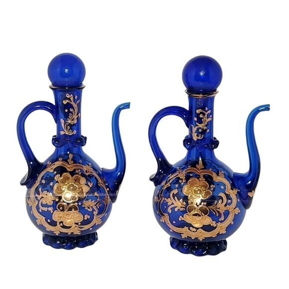 Vtg Bohemian Hand Blown Cobalt Blue Oil And Vinegar Bottles With Gold Overlay